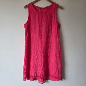 Bellambra Pink Fuchsia M100% Linen Midi Shift Dress Lace Trim Vacation Italian